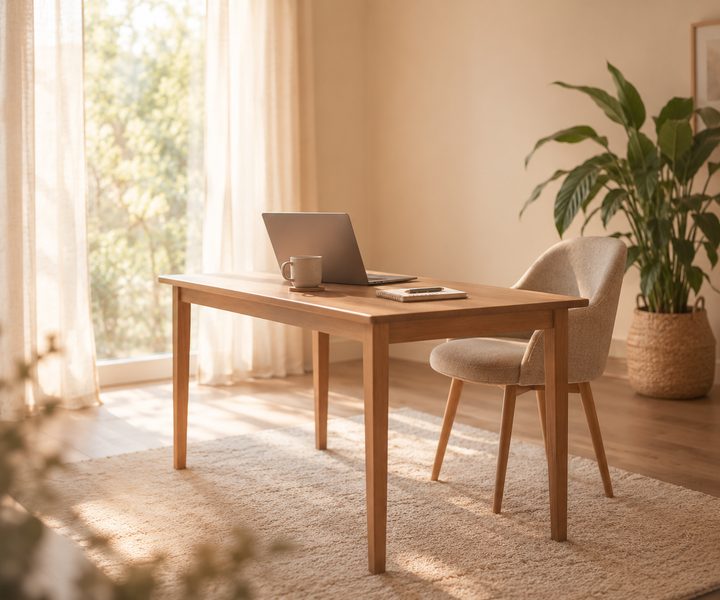 Heller, ruhiger Raum mit Holztisch, Laptop und Sessel – Coaching online von zu Hause aus